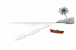 Vaccinationer Tokelau - strandbred med roligt vand og rødbrun jolle i sandet med palme i baggrund.
