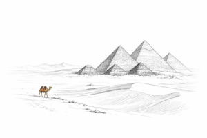 Vaccination Egypten. Pyramiderne i baggrunden med farvet fremtrædende kamel i forggrunden.