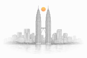 Vaccinationer Malaysia. Tvillinge skyskrabere med smuk orange sol imellem.
