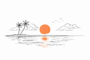 Vaccinationer Kiribati - solnedgang med orangesol, måger og palmeø.