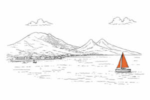 Vaccinationer Saint Kitts og Nevis. Lille båd med orange sejl og bjerge i baggrunden.