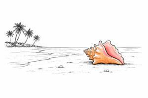 Vaccinationer Turks-og Caicosøerne. Flot konkylie i orange farver som ligger på en strand med palmer.