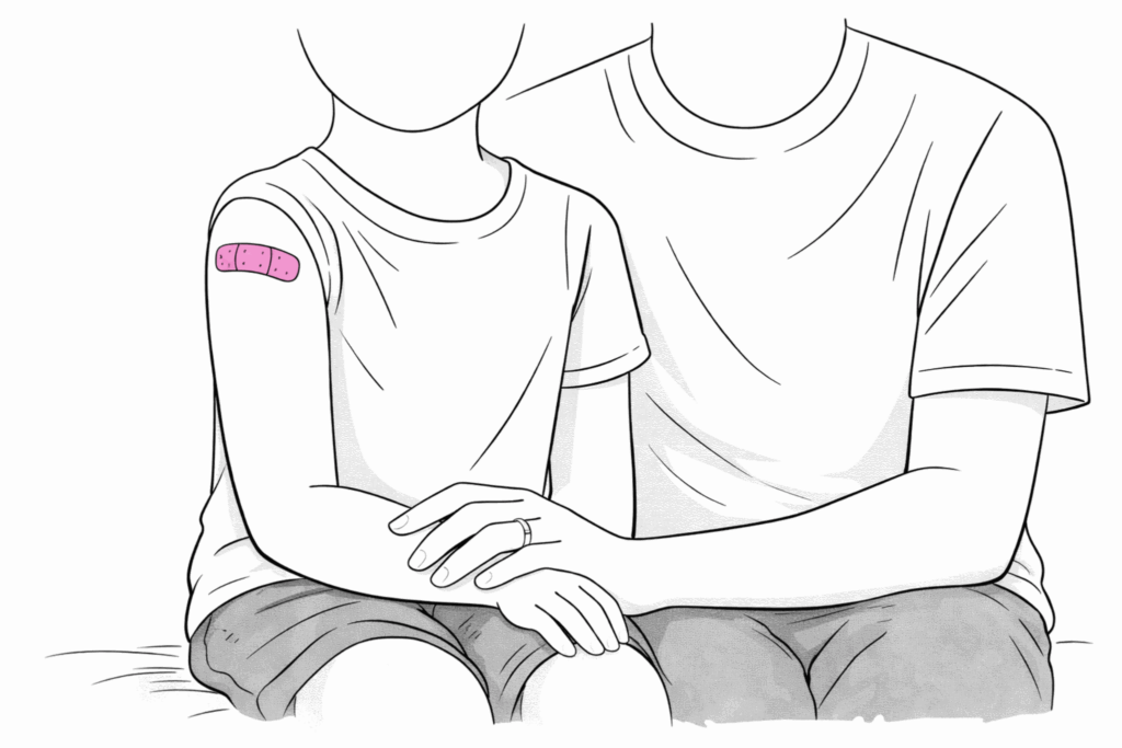 Vaccination af børn til rejsen - illustration af barn med plaster i rosa og omsorgsfuld far.