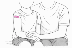 Vaccination af børn til rejsen. Illustration af barn med plaster i rosa og omsorgsfuld far.